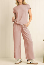 Load image into Gallery viewer, Luxury Solid Corded Short Sleeve T Shirt And Wide Leg Pants Set