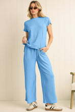 Load image into Gallery viewer, Luxury Solid Corded Short Sleeve T Shirt And Wide Leg Pants Set