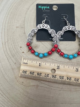 Load image into Gallery viewer, Faux Turquoise and Coral Hoop Earring - 1 3/4 inch drop
