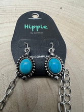 Load image into Gallery viewer, Faux Turquoise Squash Blossom and Earring Set - 18 inch necklace