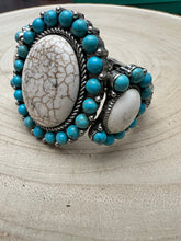 Load image into Gallery viewer, Large Western Faux Turquoise and White Buffalo Stretch Cuff Bracelet