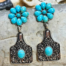 Load image into Gallery viewer, Turquoise Cluster Flower Ear Tag Earrings