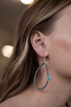 Load image into Gallery viewer, Western Cross with Faux Turquoise Metal Pearl Teardrop Earrings - 2 1/2 inch drop