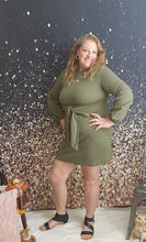 Load image into Gallery viewer, Olive Green Long Sleeve Dress With Tie Waist Detail
