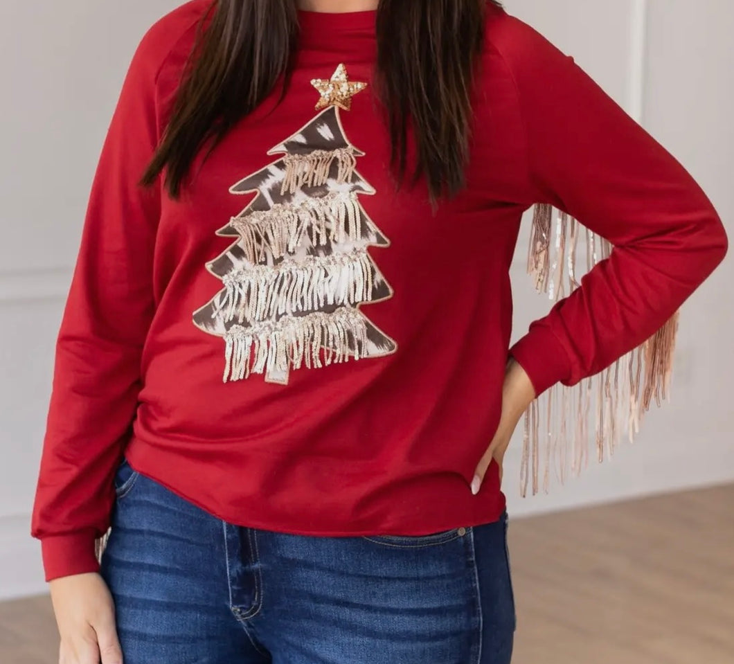 Cow Print Christmas Tree With Fringe Shirt