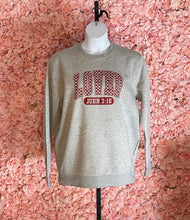 Load image into Gallery viewer, Grey Sweatshirt with Loved 3:16 in Red
