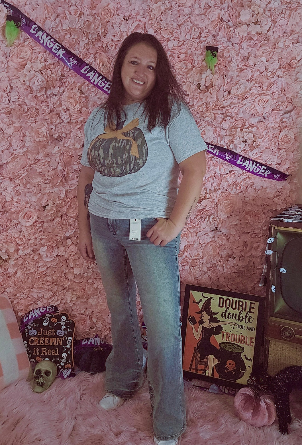 Grey Tee With Camo Pumpkin