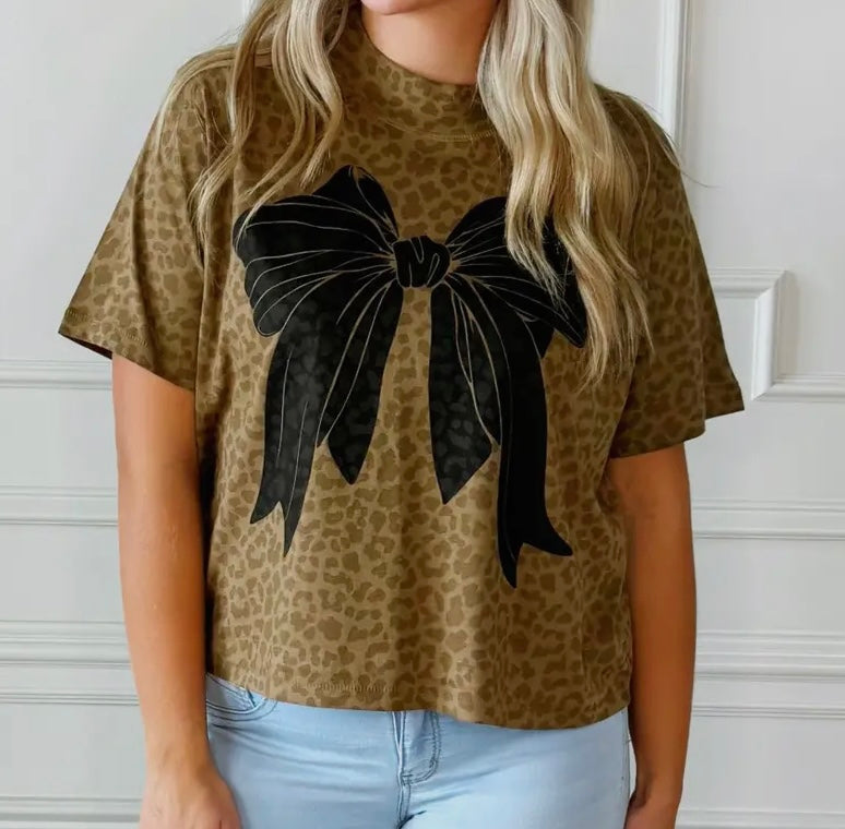 Leopard Print Tee With Black Bow in Center