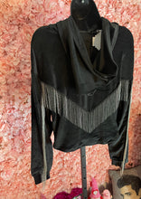 Load image into Gallery viewer, Black Velour Hoodie With Silver Metal Fringe Detail On Back
