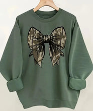 Load image into Gallery viewer, Olive Green Duck Camo Bow Sweatshirt
