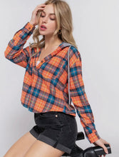 Load image into Gallery viewer, Orange Plaid Button Up With Hood
