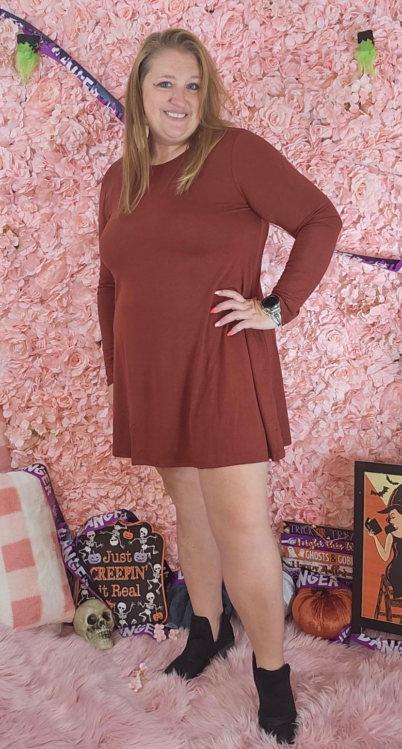 Long Sleeve Rust Dress With Pockets