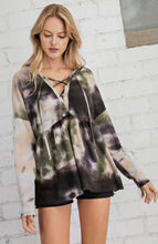 Load image into Gallery viewer, Tie Dye Waffle Knit Top With Criss Cross Front &amp; Hood
