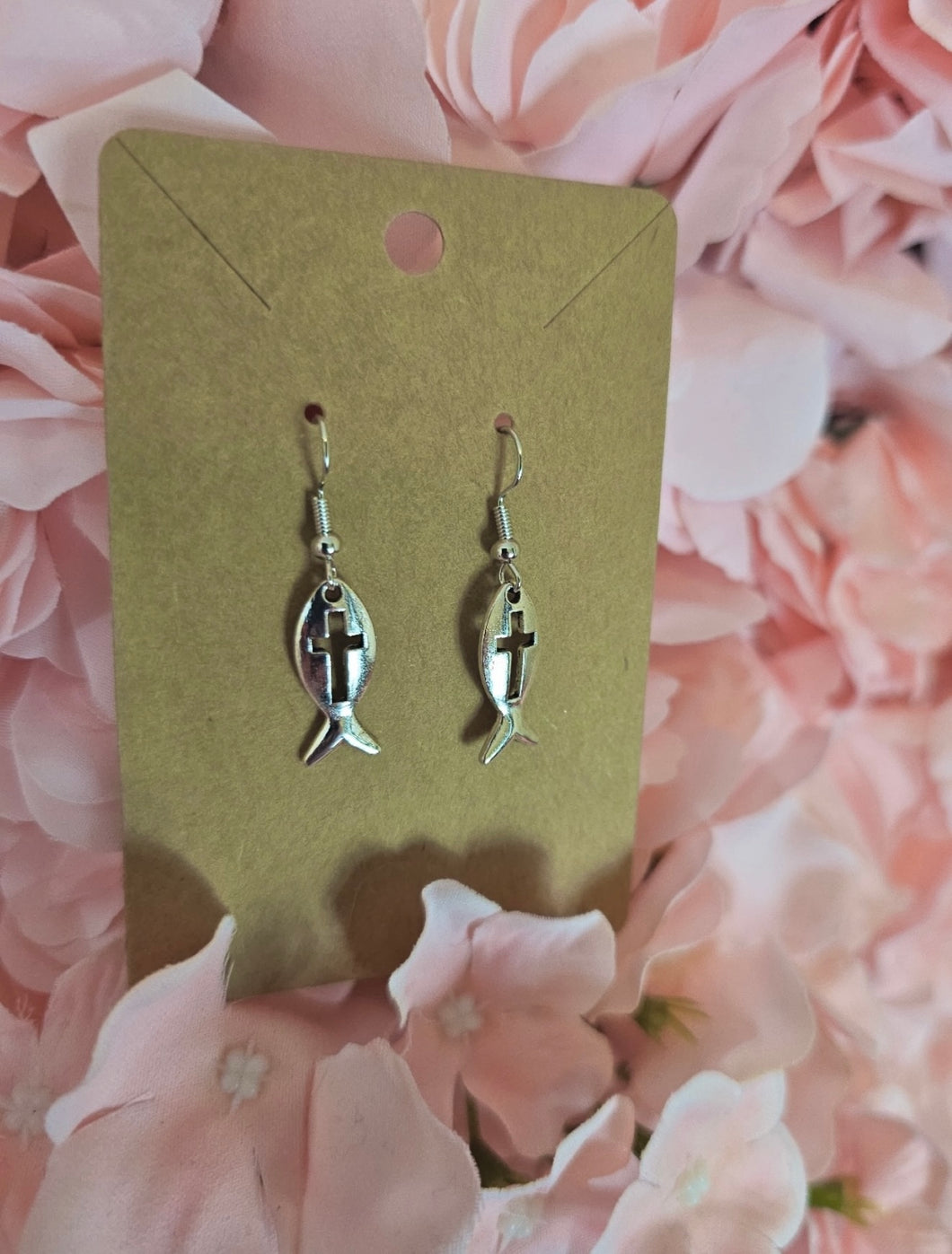Silver Fish Shaped Dangles With Cut Out Cross