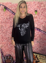 Load image into Gallery viewer, Black Long Sleeve with Floral/Cow Skull On Front
