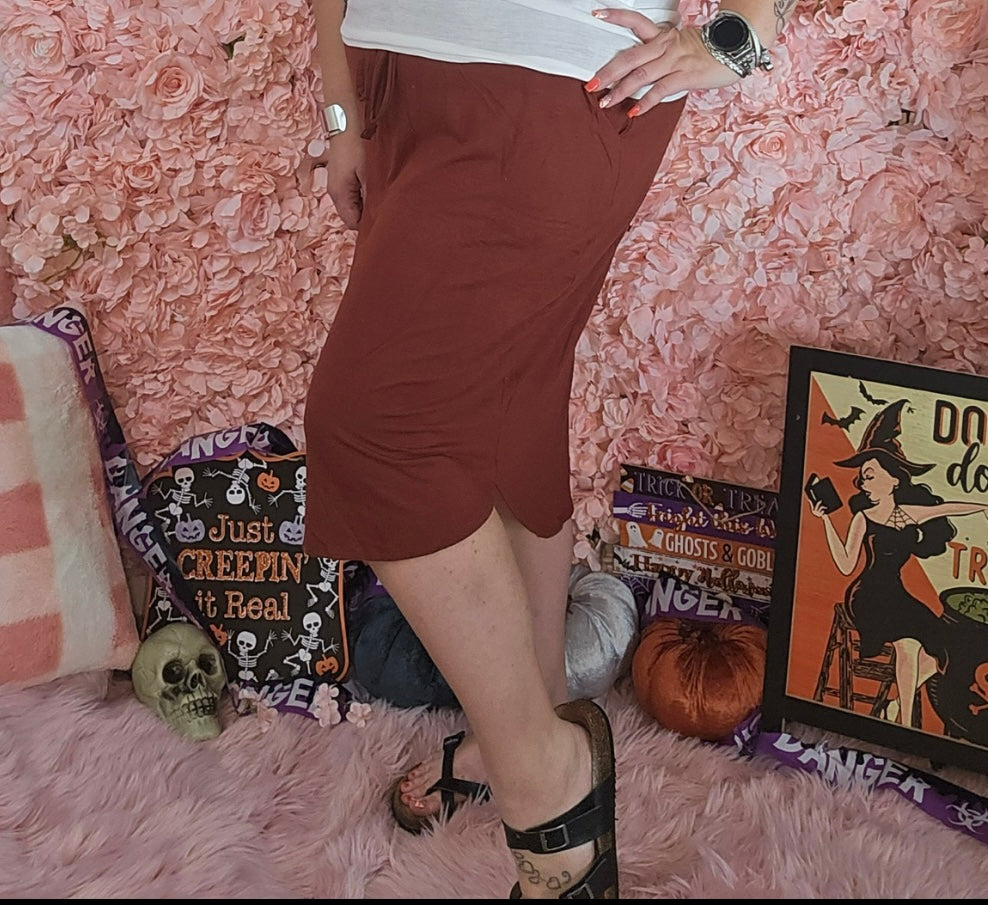 Rust Drawstring Skirt With Pockets