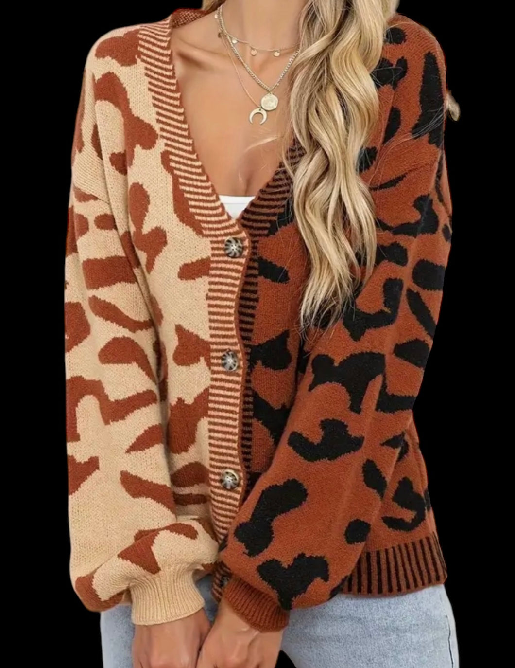 Animal Print Half & Half Button Up Sweater