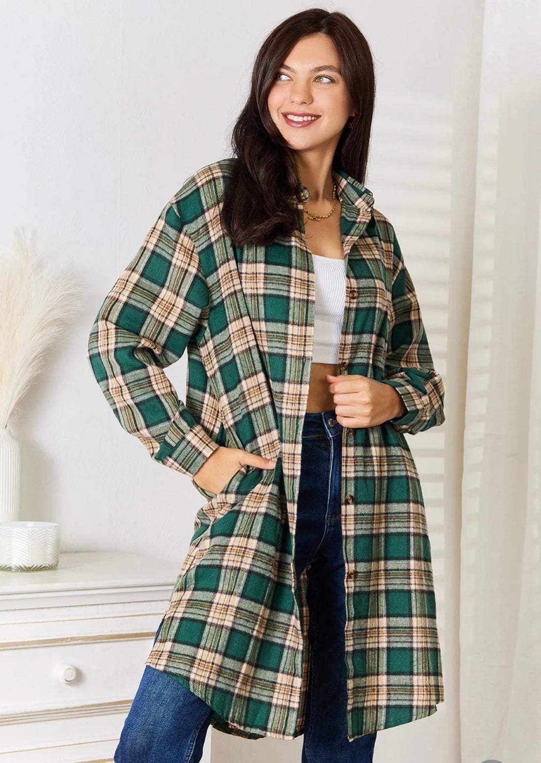 Long Length Tan & Hunter Green Plaid Button Up