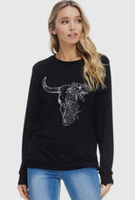 Load image into Gallery viewer, Black Long Sleeve with Floral/Cow Skull On Front
