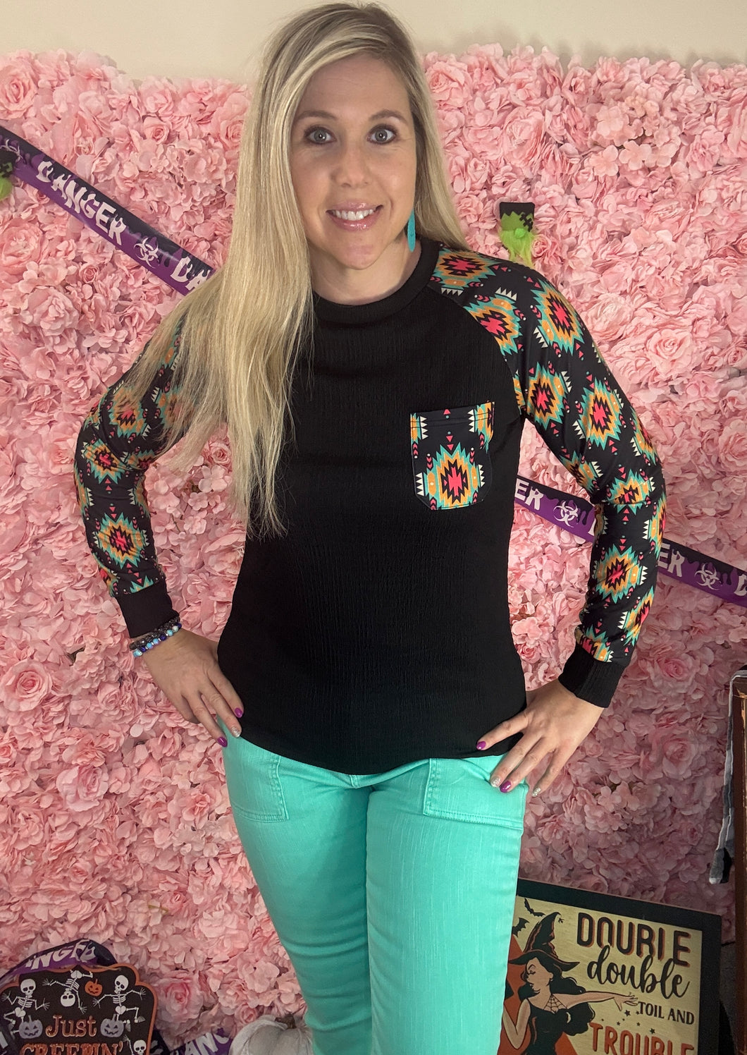 Black Aztec Long Sleeve Shirt With Pocket