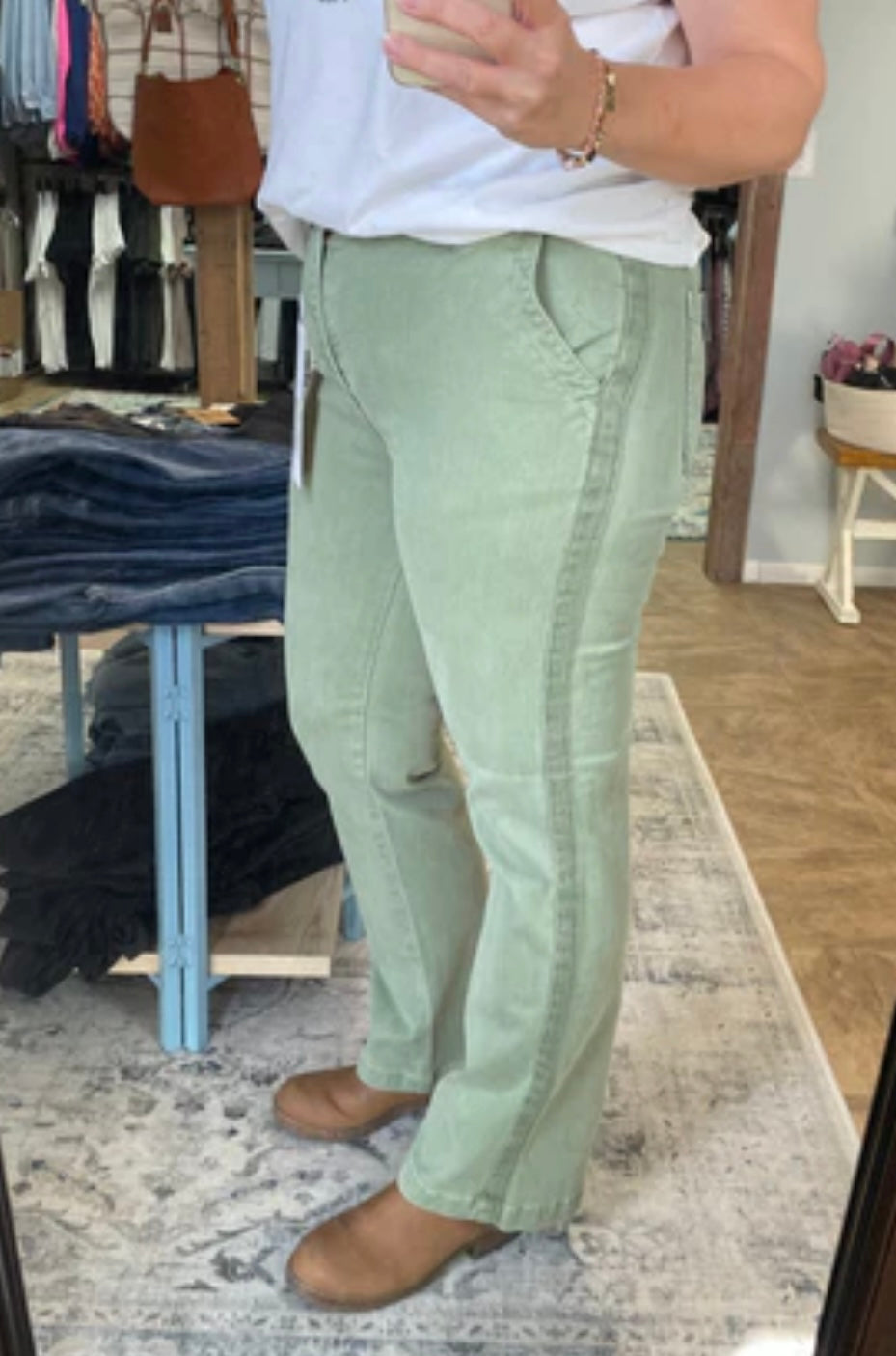 Risen Light Green Jeans With Twill Tape Side Detail