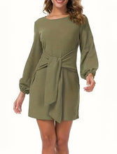Load image into Gallery viewer, Olive Green Long Sleeve Dress With Tie Waist Detail
