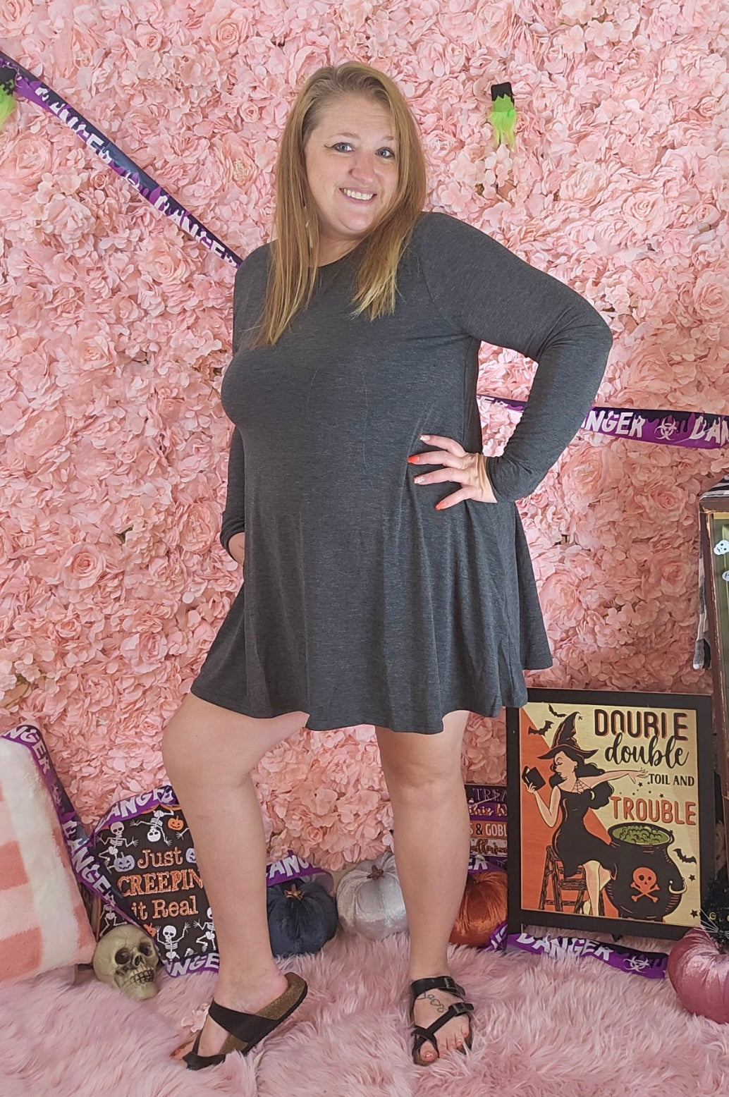 Long Sleeve Charcoal Dress With Pockets