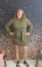 Load image into Gallery viewer, Olive Green Long Sleeve Dress With Tie Waist Detail
