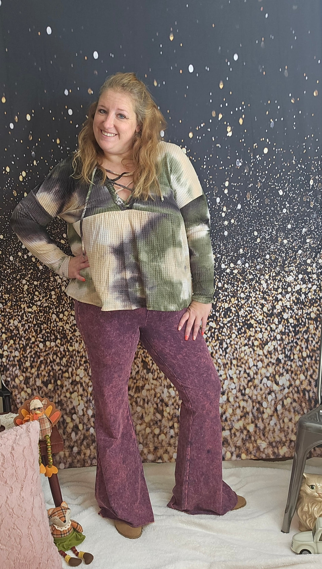 Tie Dye Waffle Knit Top With Criss Cross Front & Hood