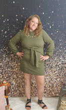 Load image into Gallery viewer, Olive Green Long Sleeve Dress With Tie Waist Detail
