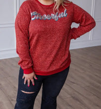 Load image into Gallery viewer, Glitter Red Long Sleeve with “Cheerful” in the center
