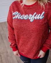 Load image into Gallery viewer, Glitter Red Long Sleeve with “Cheerful” in the center
