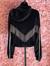 Load image into Gallery viewer, Black Velour Hoodie With Silver Metal Fringe Detail On Back
