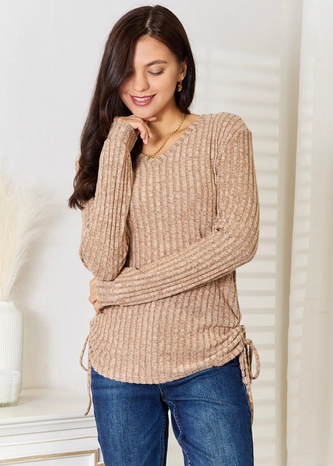 Ribbed Tan Shirt With Tie Sides