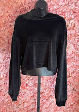 Load image into Gallery viewer, Black Velour Hoodie With Silver Metal Fringe Detail On Back
