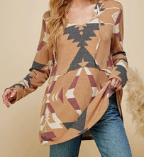 Load image into Gallery viewer, Camel With Aztec Print Loose Fitting Hoodie With Kangaroo Pocket
