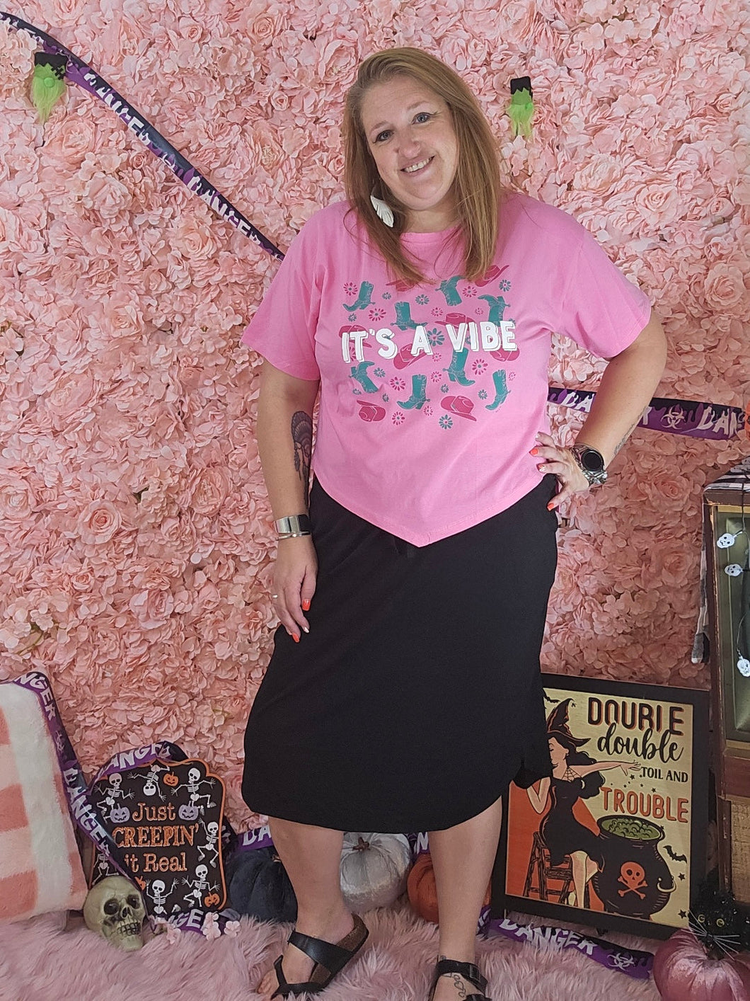 Its A Vibe Western Pink V-cut Shirt