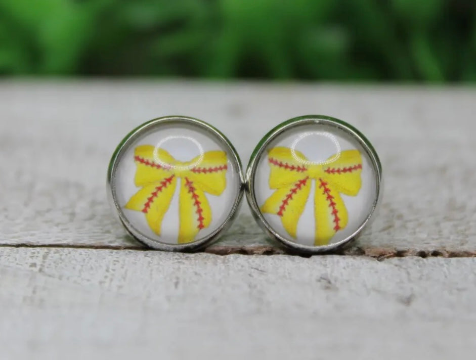 Round Stud Circle Earrings With Softball Bow In Center