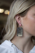 Load image into Gallery viewer, Dolly Card Theme Dangle Earrings with Pink Stone - 2 1/2 inch drop

