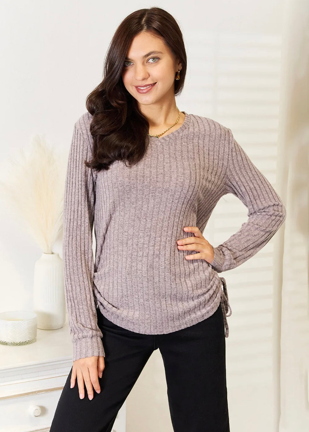 Mauve Ribbed Shirt With Tie Sides