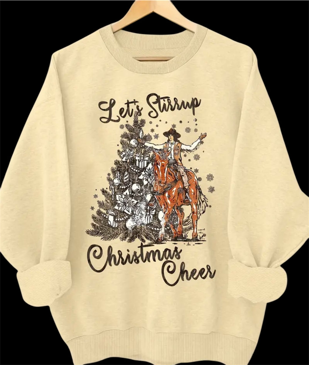 “Let’s Stirrup Some Christmas Cheer” Western Christmas Scene Cream Long-sleeve