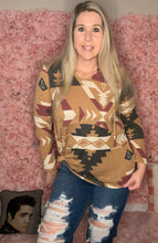 Load image into Gallery viewer, Camel With Aztec Print Loose Fitting Hoodie With Kangaroo Pocket
