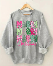 Load image into Gallery viewer, Grey Long Sleeve With Pink &amp; Green Merry Merry Merry Christmas
