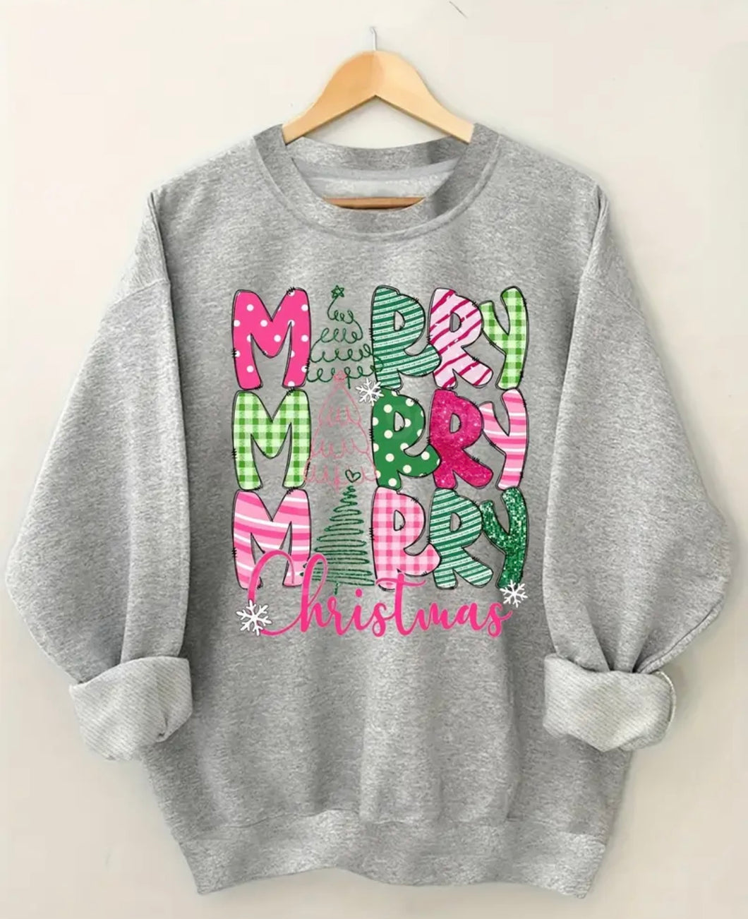 Grey Long Sleeve With Pink & Green Merry Merry Merry Christmas