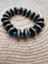 Load image into Gallery viewer, Western Faux Saucer Pearl Stretch Bracelet with Faux Turquoise - 6 1/2 inch
