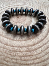 Load image into Gallery viewer, Western Faux Saucer Pearl Stretch Bracelet with Faux Turquoise - 6 1/2 inch
