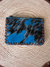 Load image into Gallery viewer, Hair on Hide Coin Purse with teal splattered paint
