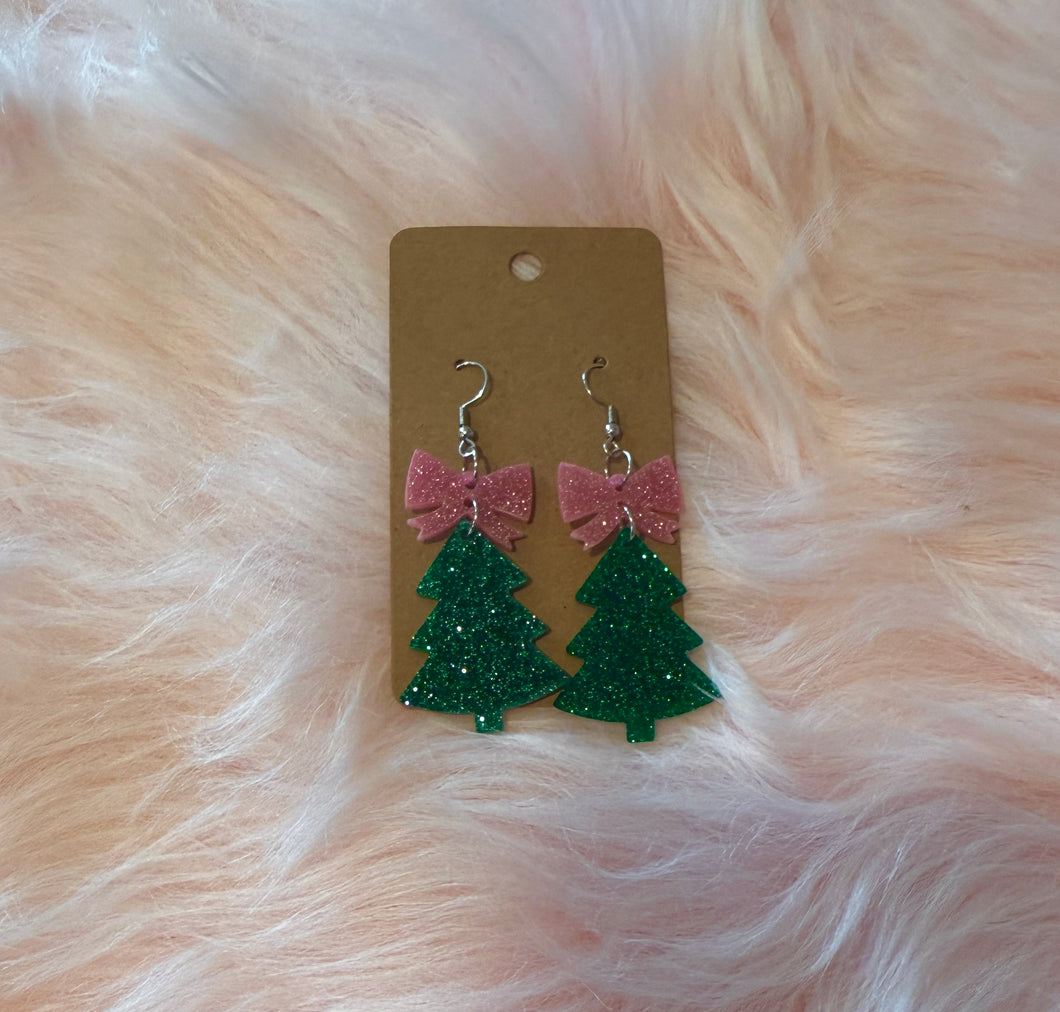 Green 🎄 Christmas Tree Earrings With Pink 🎀 Bows