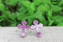 Load image into Gallery viewer, Purple Glitter Cross || 12mm Stud Earrings || Hypoallergenic
