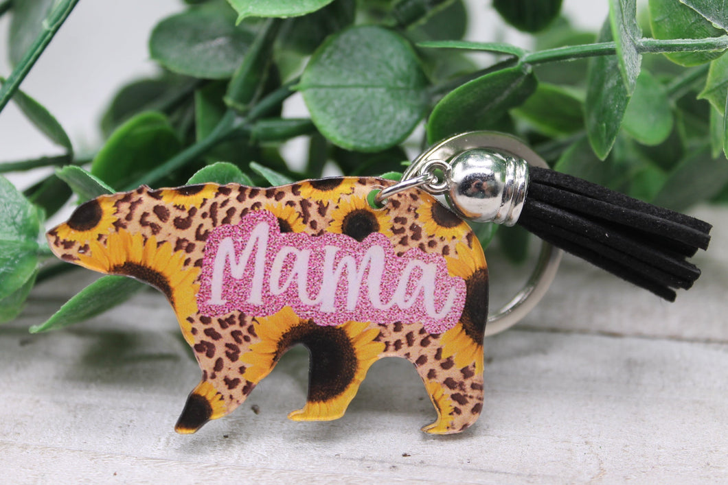Mama Bear Sunflowers & Leopard Tassel Keychain